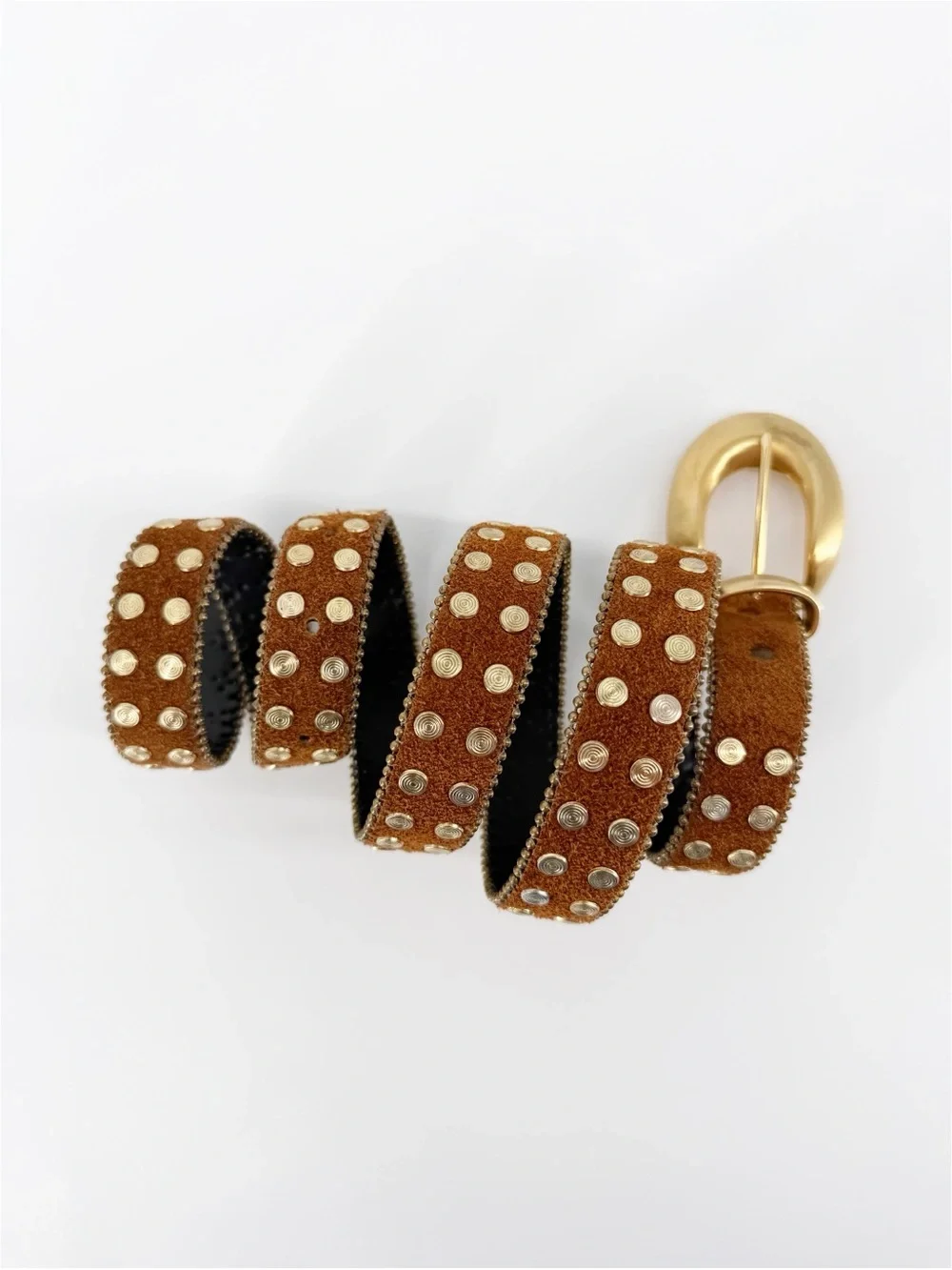 Vintage Leather Belt Brown with Gold Tone Studs & Buckle Medium